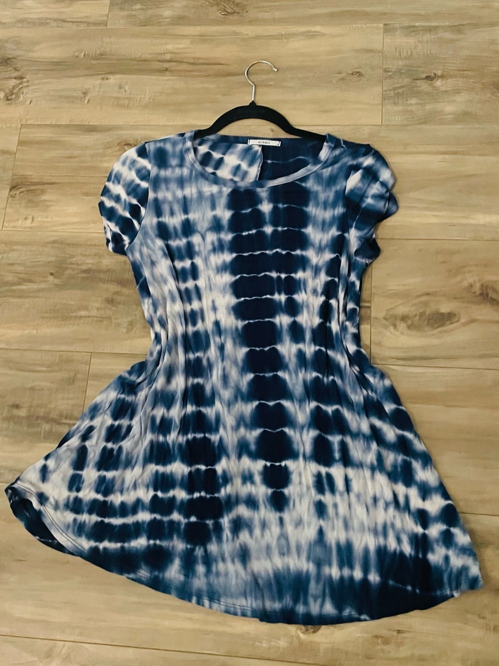Acemi Blue & White Tie-Dye A-Line Short Sleeve Dress